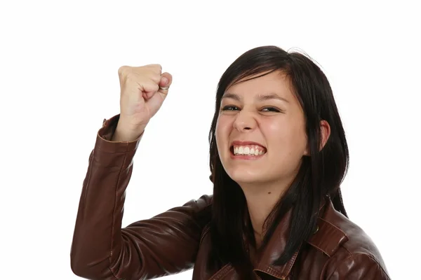 Angry Young Lady Fist Clenched Leather Jacket — Stock Photo, Image