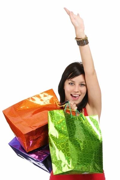Jubelnde Junge Shopping Lady Mit Schönem Gesicht Und Arm Hoch — Stockfoto