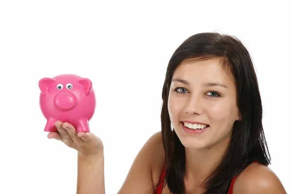 Wanita cantik dengan Piggy Bank — Stok Foto