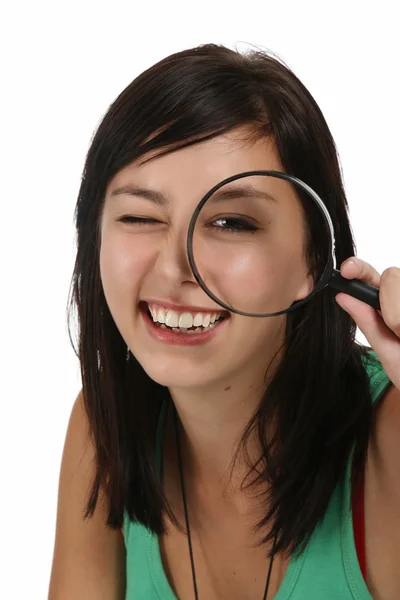 Pretty Girl and Magnifier — Stock Photo, Image