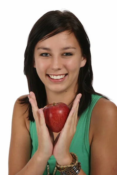 Menina bonita segurando maçã vermelha — Fotografia de Stock