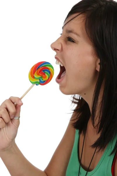 可爱的年轻女士和彩色的棒棒糖 — 图库照片