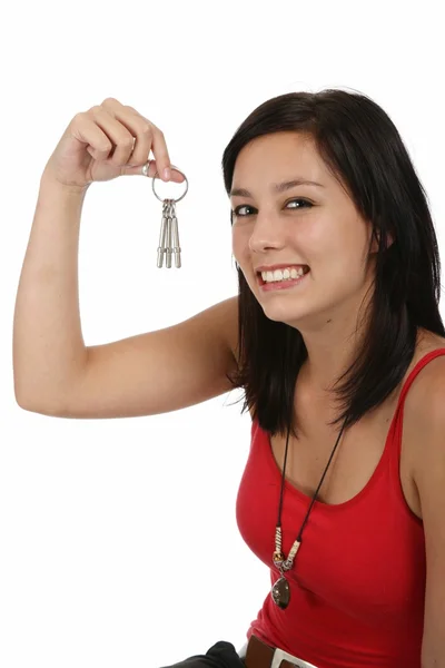 Beautiful Brunette Woman Holding Keys — Stock Photo, Image