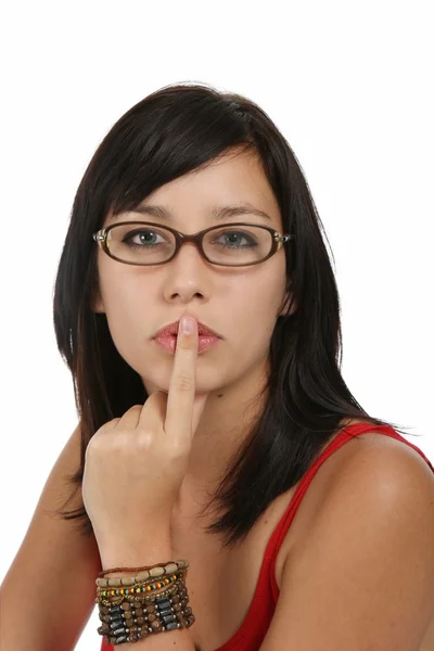 Beautiful Woman with Finger to Lips — Stock Photo, Image