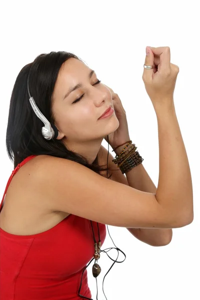 Hermosa Joven Morena Escuchando Música Los Auriculares — Foto de Stock
