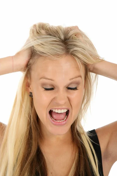 Mujer Joven Frustrada Enojada Con Las Manos Cabeza Gritando —  Fotos de Stock
