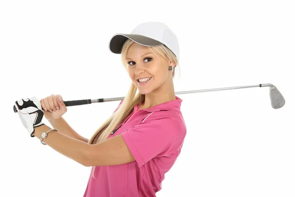 Belle Jeune Joueuse Golf Blonde Avec Club Gant — Photo