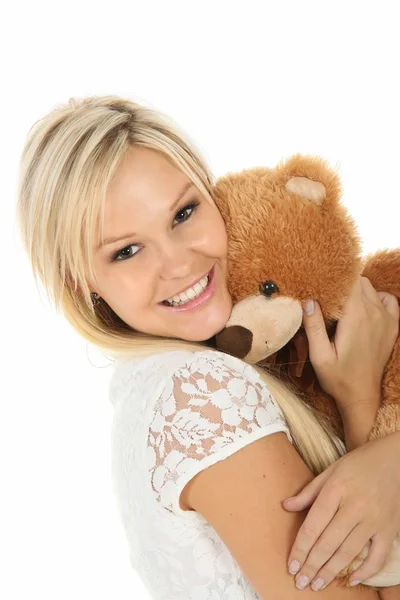 Linda Jovem Loira Abraçando Brinquedo Urso Pelúcia — Fotografia de Stock