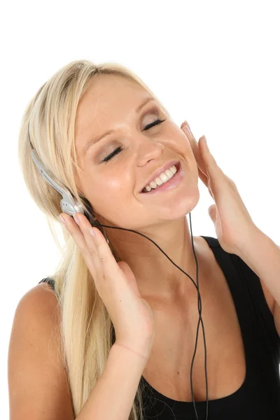 Gyönyörű Szőke Lány Hallgat Zenét Fülhallgató — Stock Fotó