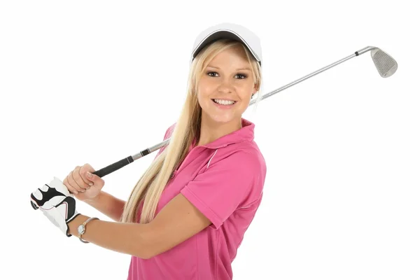 Güzel Genç Sarışın Golfçü Bayan Pembe Gömlek Beyaz Kap — Stok fotoğraf