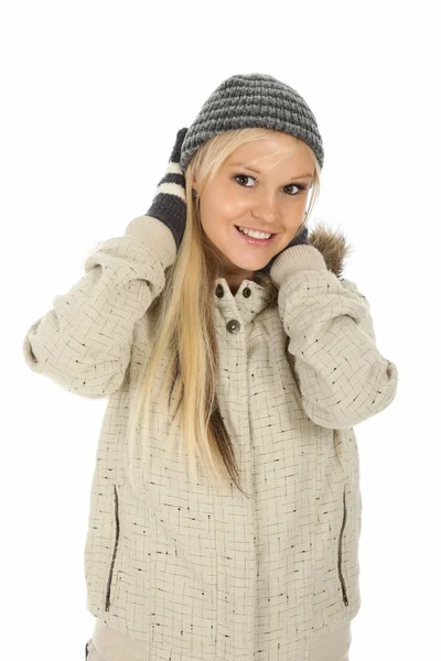 Härlig blond i vinter dress — Stockfoto