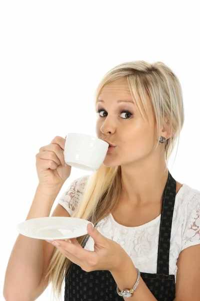 Lovely Blond Girl Sipping Cup Hot Beverage — Stock Photo, Image