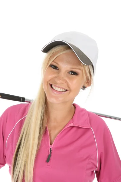 Golf Gömlek Beyaz Şapkalı Gülümseyen Sevimli Sarışın Kadın — Stok fotoğraf