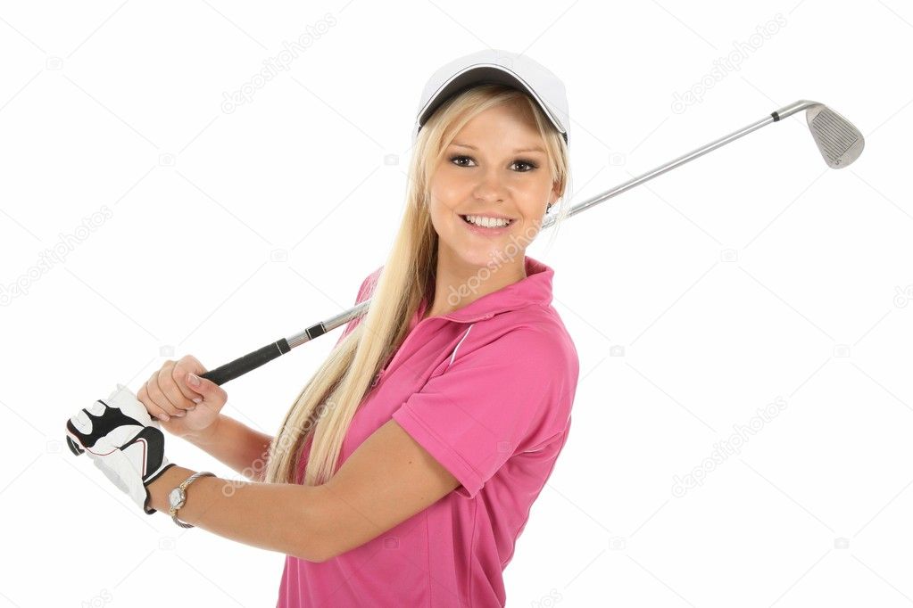 Beautiful young blonde golfer lady in pink shirt and white cap