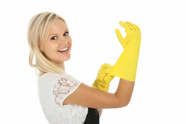 Prachtige blond met het schoonmaken van handschoenen — Stockfoto