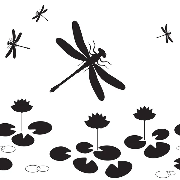 Seamless Pattern Silhouettes Dragonflies Lotus — Stock Vector
