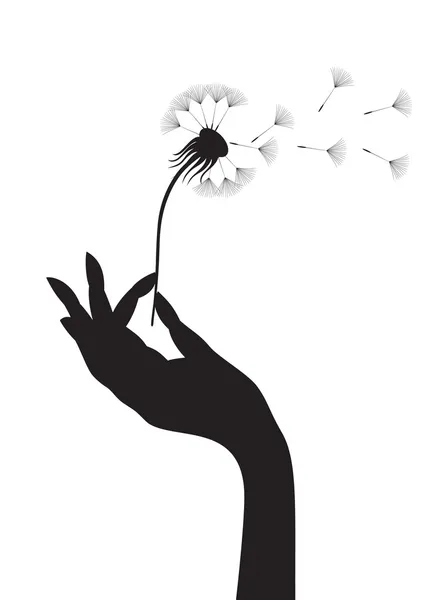 Silhouette Female Hand Holding Dandelion Vector Illustration — Stock Vector