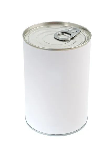 Lata de lata de comida em branco — Fotografia de Stock