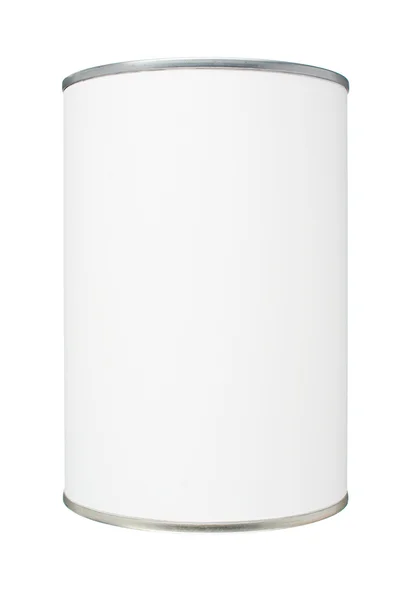 食品罐头与孤立在白色背景上的空白白色标签 图库图片