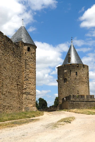 Kora Reggeli Kilátás Fal Egy Torony Carcassonne Castle Franciaország — Stock Fotó