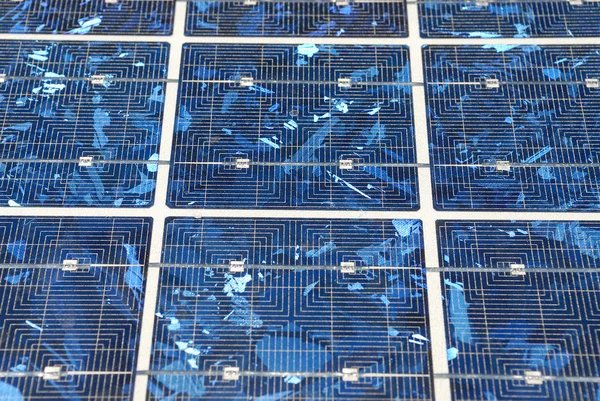 stock image Modern solar photo voltaic panel close up with great blue cells details in a perspective view. Great for energy and environment themes.