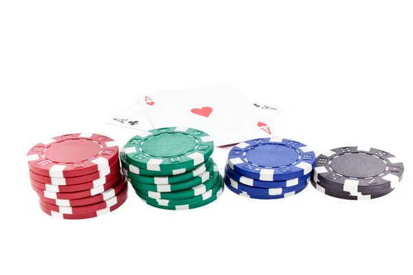 Color poker chip stacks and two ace cards — Stock Photo, Image