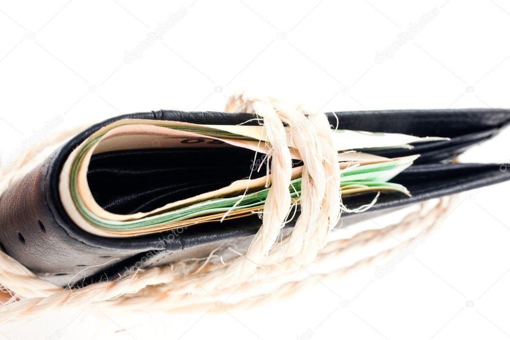 Tied black leather wallet with euro notes