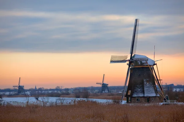 Moinhos de vento Kinderdijk no inverno — Fotografia de Stock