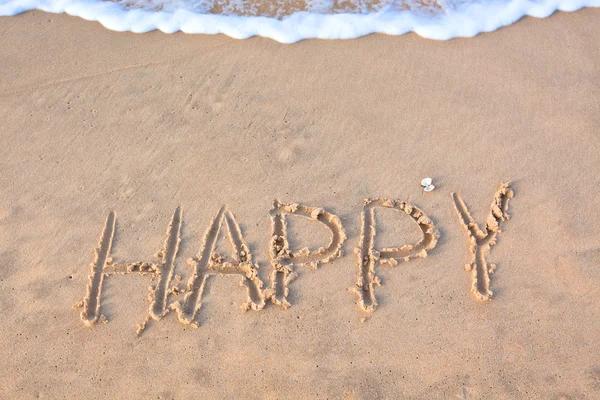 Happy 浜の砂に書かれました 水平方向のショット — ストック写真