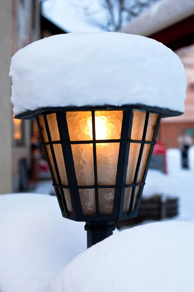与冬季新鲜降雪的路灯 垂直射 — 图库照片