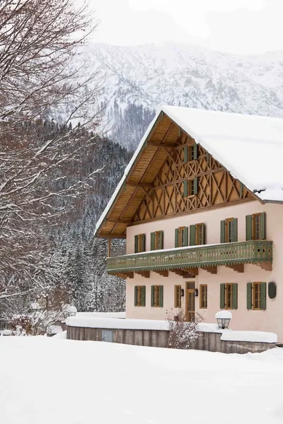 巴伐利亚风格房子在雪的冬天 垂直射 — 图库照片