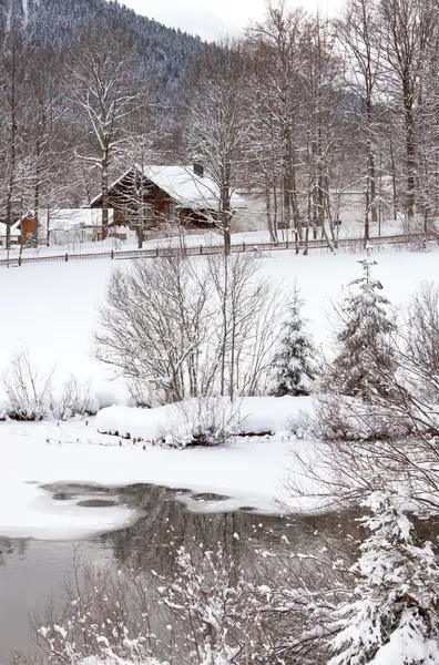Paisaje Alpino Invernal Con Casa Lago Tiro Vertical — Stockfoto