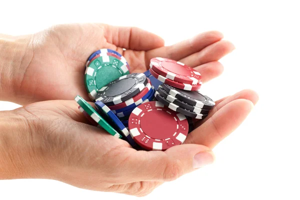 Vícebarevná poker žetony hrstka — Stock fotografie