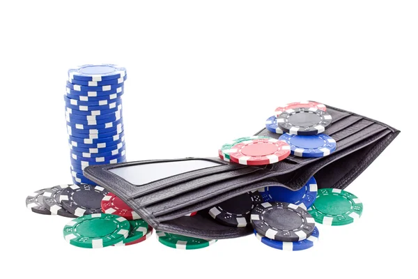 Poker žetony v černé kožené peněženky — Stock fotografie