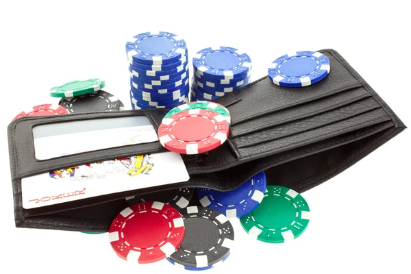 Fichas de póquer en bolso de cuero negro —  Fotos de Stock