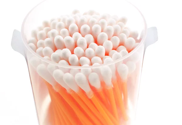 Cotton buds in transparent plastic box — Stock Photo, Image