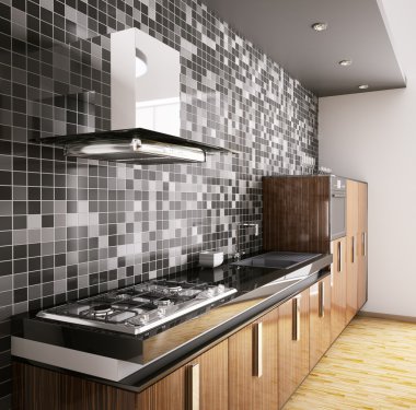 Modern ebony wood kitchen interior 3d clipart