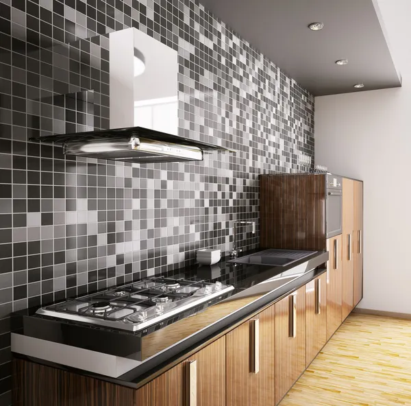Moderna cucina in legno ebano interno 3d — Foto Stock