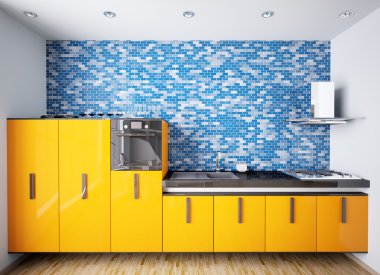 Interior of modern orange kitchen 3d clipart