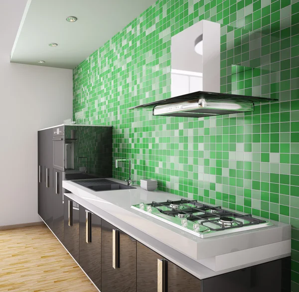 Moderna cozinha preta interior 3d — Fotografia de Stock