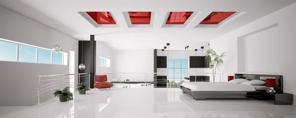 Interieur van moderne slaapkamer panorama 3d render — Stockfoto