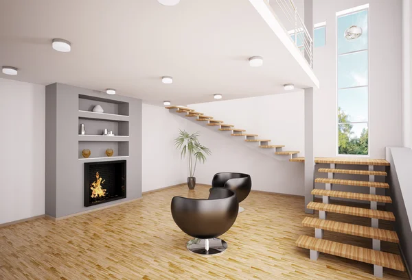 Interior moderno com lareira renderização 3d — Fotografia de Stock