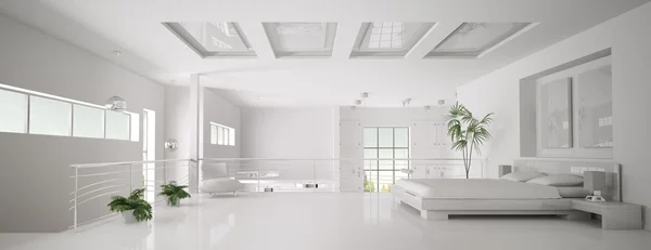 Dormitorio blanco panorama interior 3d render — Foto de Stock