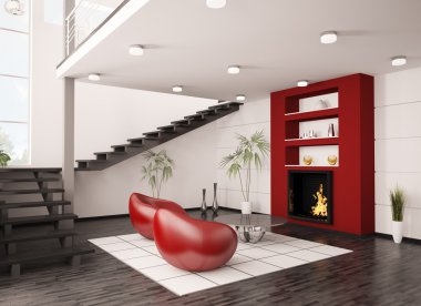 Modern interior with fireplace and staircase 3d render clipart
