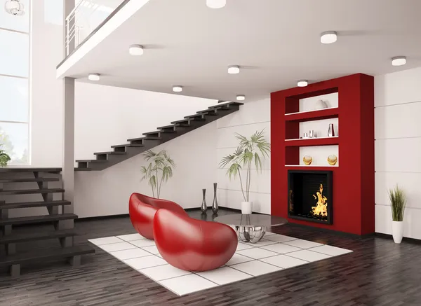 Moderní interiér s krbem a schodiště 3d render — Stock fotografie