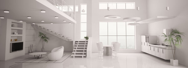 White modern interior of apartment panorama living room kitchen 3d render