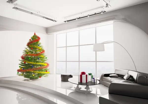 Árbol de abeto de Navidad en la sala de estar interior 3d render —  Fotos de Stock