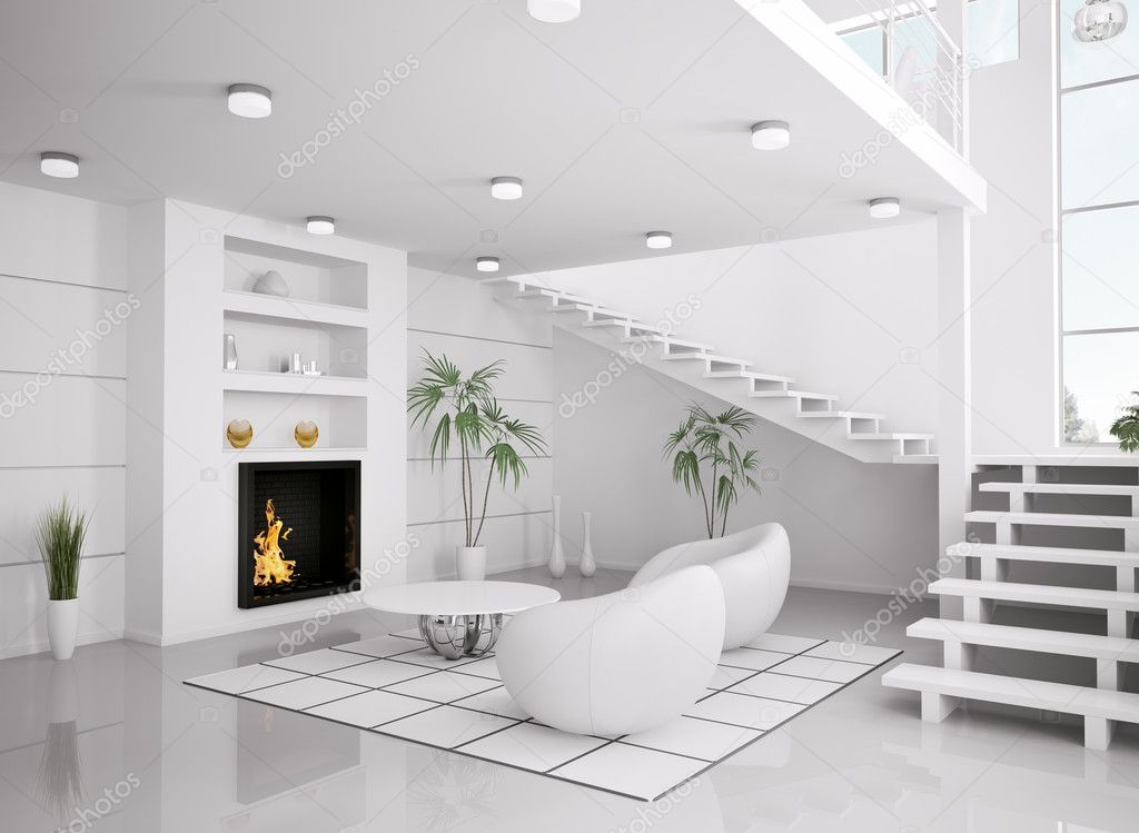 Modern wit interieur van woonkamer 3d render — stockfoto © scovad ... Openhaard woonkamer interieur