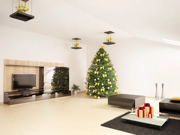Julgran Gran i moderna vardagsrum inredning 3d renderクリスマスのモミの木でモダンなリビング ルームのインテリアの 3 d レンダリングします。 — Stockfoto