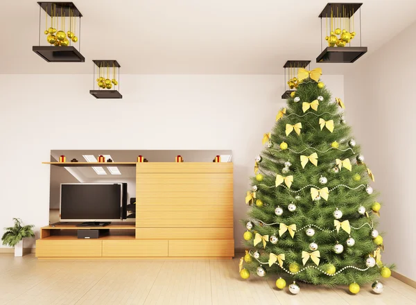 Julgran Gran i moderna vardagsrum inredning 3d renderクリスマスのモミの木でモダンなリビング ルームのインテリアの 3 d レンダリングします。 — Stockfoto